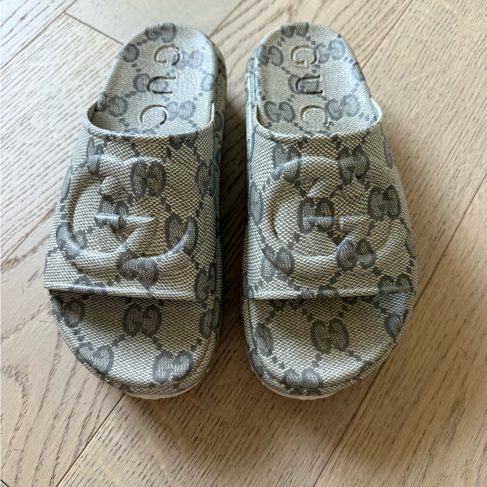 Gucci Beige Monogram Slide Sandals